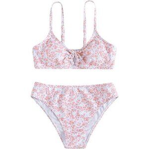 Girls' 2‎ Piece Ditsy Floral Print Knot Front Ruched Triangle Bikini Swimsuit